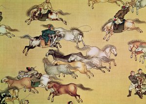 Keisari Qianlongin matka (1736-96) yksityiskohta kirjakääröstä, Qing-dynastia (maalattu silkki)